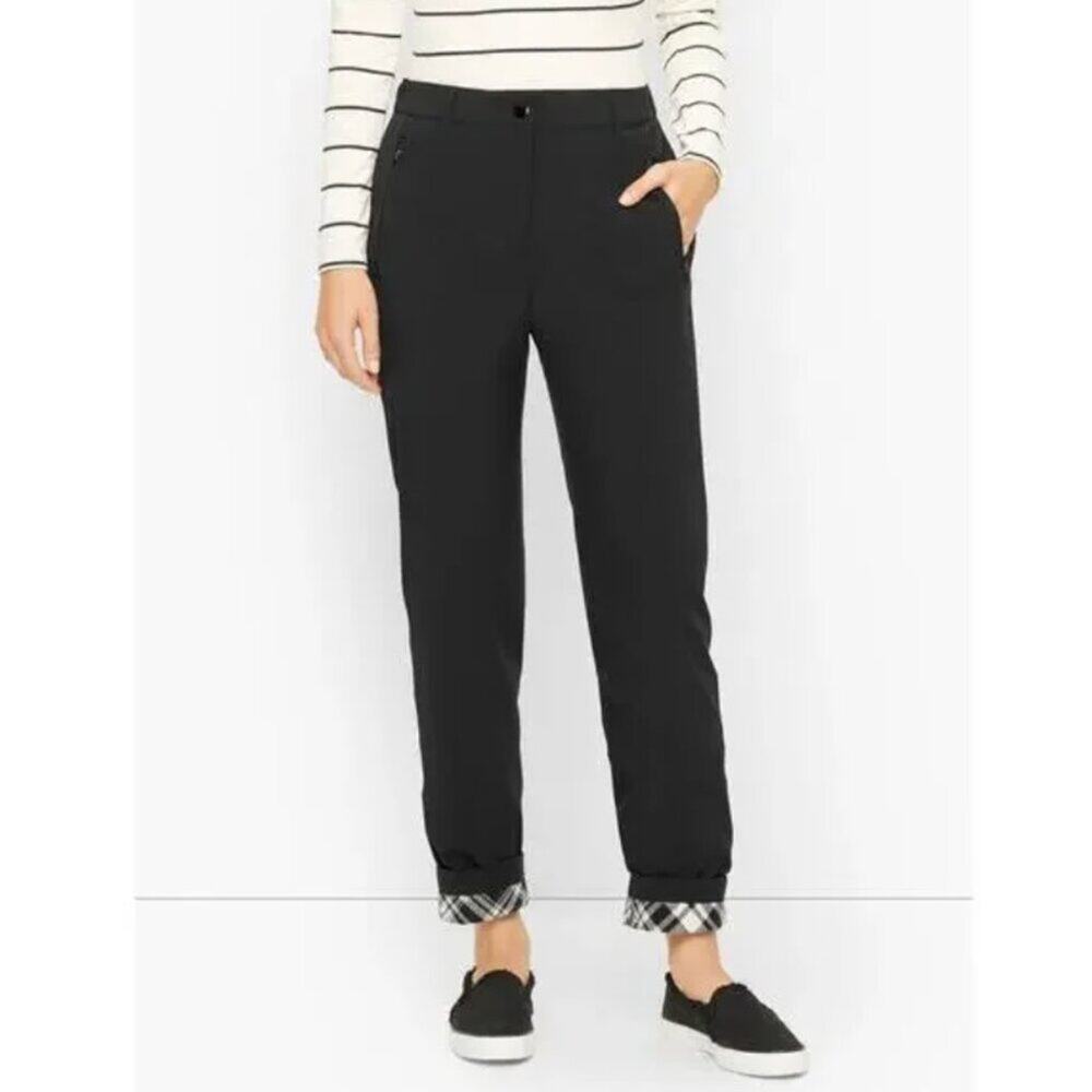 Talbots Black Lined Fleece Plaid Cuff Straight Leg Pant Size 14